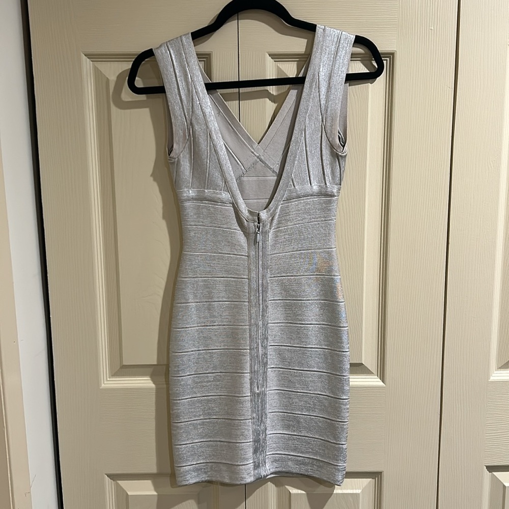 Herve Leger Metallic Silver Plunge Bandage Dress - Picture 3 of 6